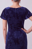 Navy Sheath Floral Velvet Long Mother of the Bride Dress with Sleeves