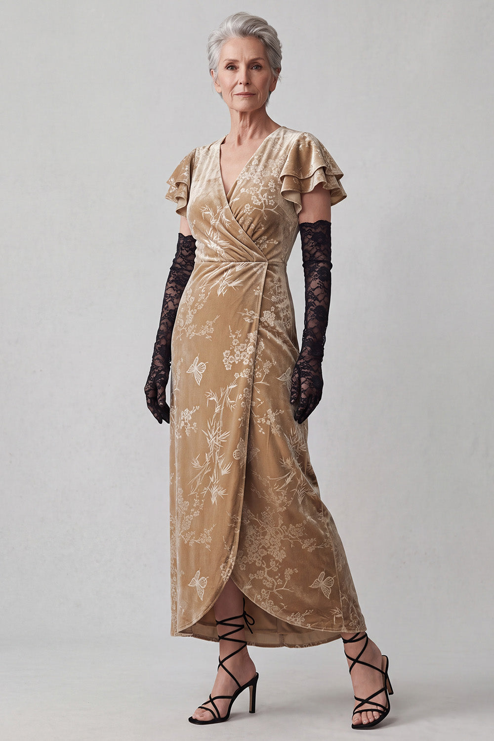 Champagne V-Neck Floral Long Velvet Mother of the Bride Dress with Sleeves