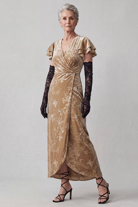 Champagne V-Neck Floral Long Velvet Mother of the Bride Dress with Sleeves
