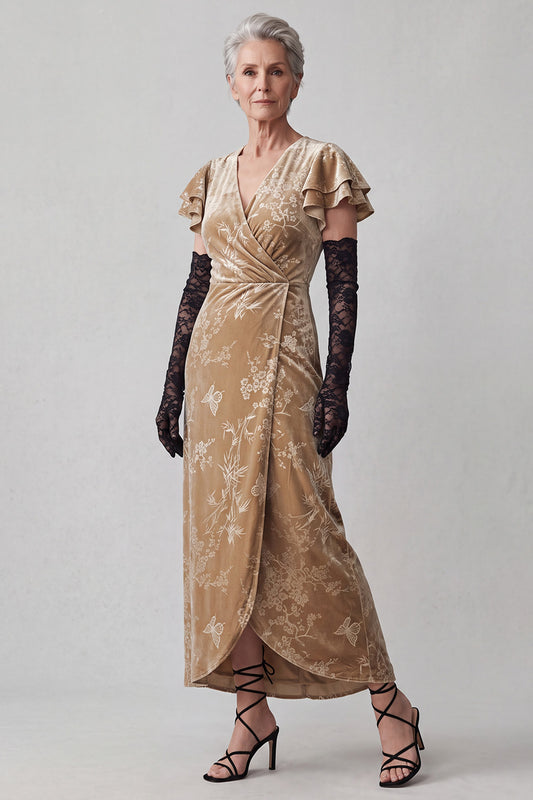 Champagne V-Neck Floral Long Velvet Mother of the Bride Dress with Sleeves