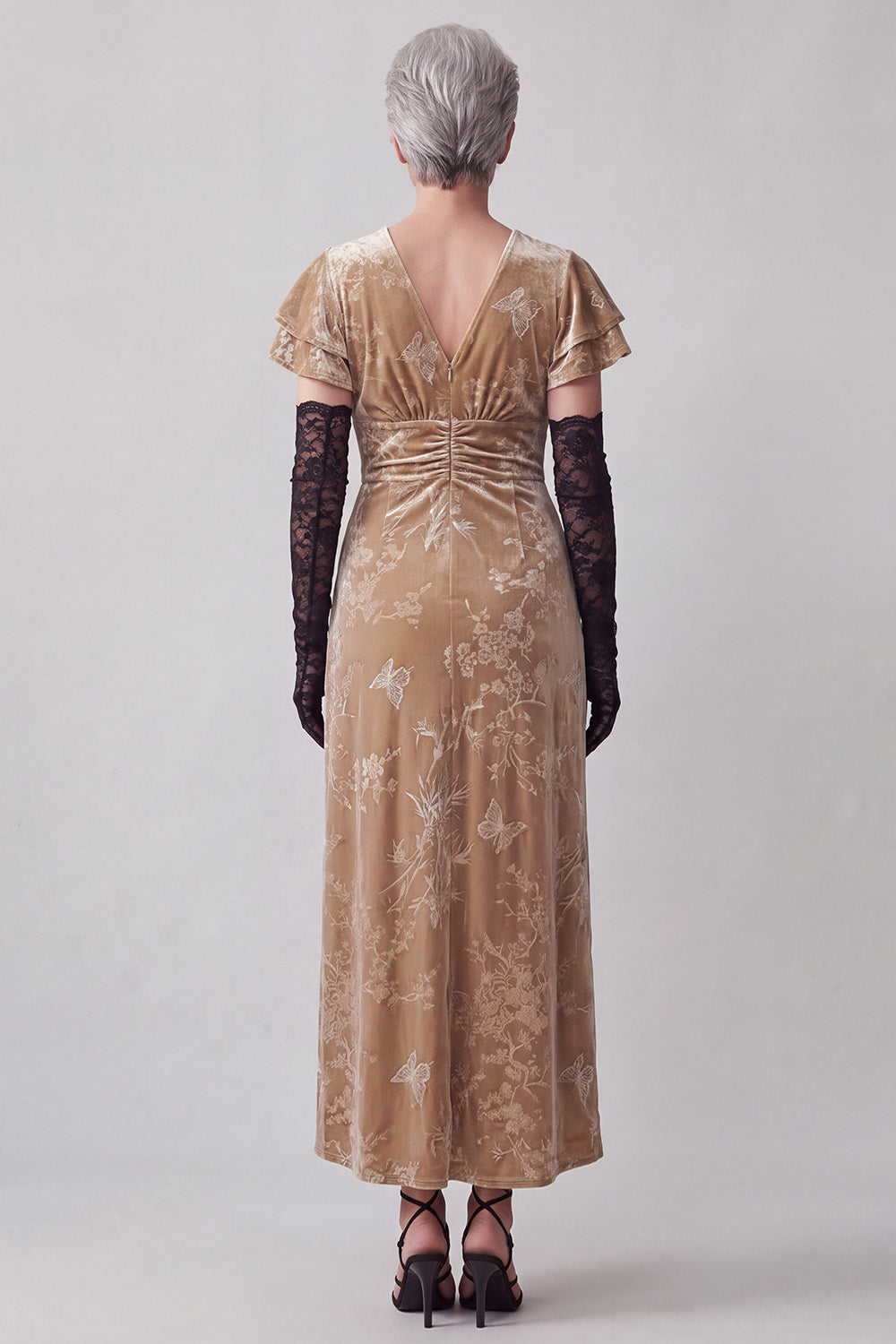 Champagne V-Neck Floral Long Velvet Mother of the Bride Dress with Sleeves