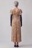 Champagne V-Neck Floral Long Velvet Mother of the Bride Dress with Sleeves