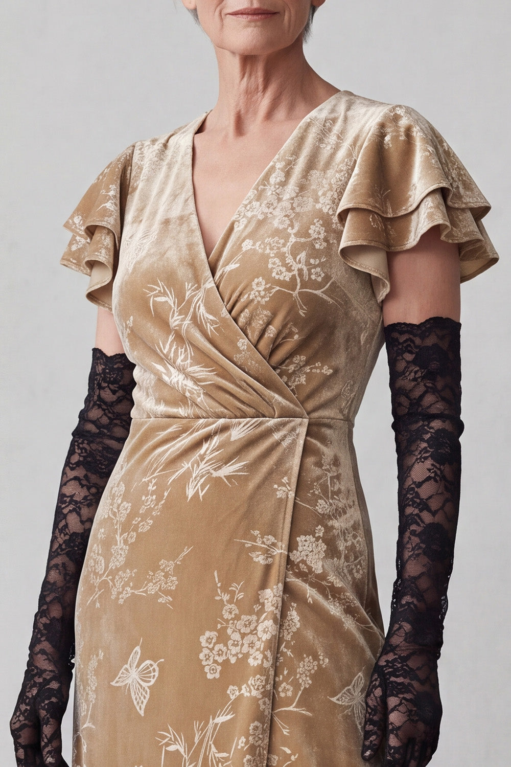 Champagne V-Neck Floral Long Velvet Mother of the Bride Dress with Sleeves