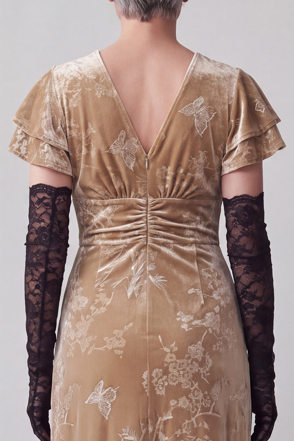 Champagne V-Neck Floral Long Velvet Mother of the Bride Dress with Sleeves
