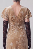 Champagne V-Neck Floral Long Velvet Mother of the Bride Dress with Sleeves
