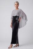 Black Sheath Floral 2 Piece Beaded Velvet Long Mother of the Bride Dress with Cape