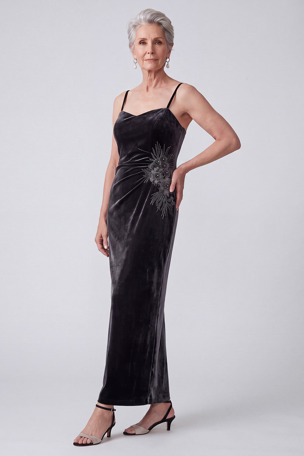Black Sheath Floral 2 Piece Beaded Velvet Long Mother of the Bride Dress with Cape