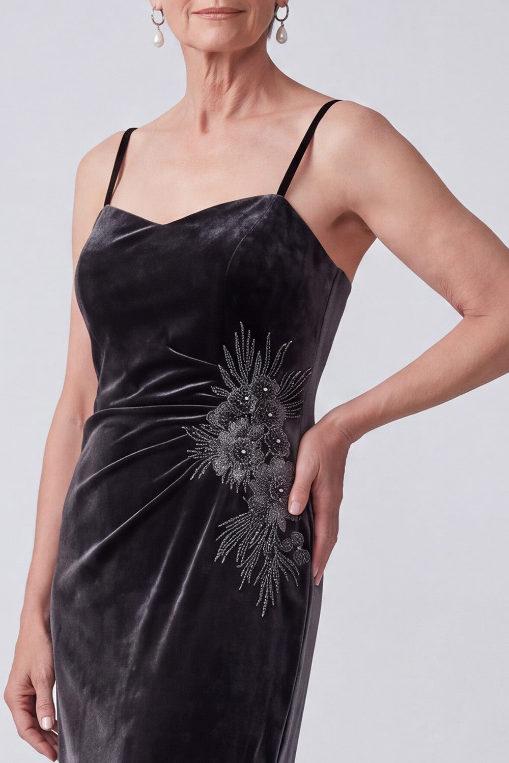 Black Sheath Floral 2 Piece Beaded Velvet Long Mother of the Bride Dress with Cape