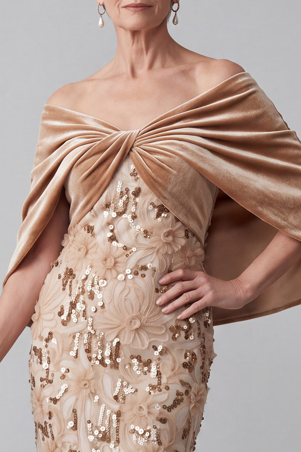 Sparkly Champagne Mermaid Floral Sequins High-Low Mother of the Bride Dress with Cape