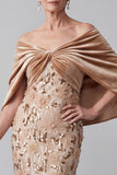 Sparkly Champagne Mermaid Floral Sequins High-Low Mother of the Bride Dress with Cape