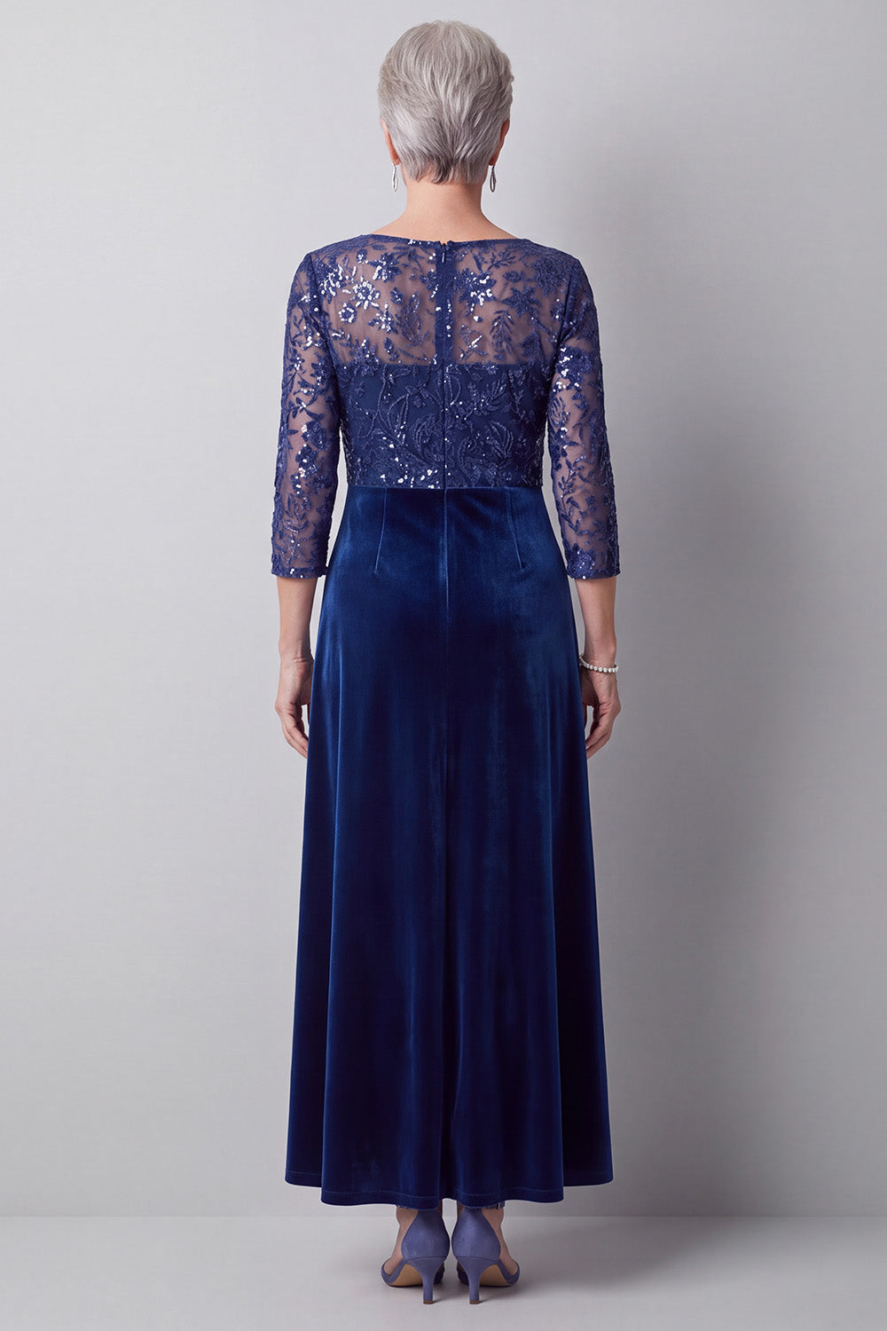 Sparkly Dark Blue A Line Sequin Velvet Floral Long Mother of the Bride Dress with Sleeves