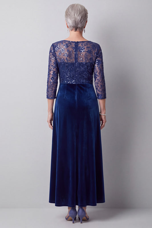 Sparkly Dark Blue A Line Sequin Velvet Floral Long Mother of the Bride Dress with Sleeves
