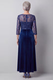 Sparkly Dark Blue A Line Sequin Velvet Floral Long Mother of the Bride Dress with Sleeves