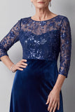Sparkly Dark Blue A Line Sequin Velvet Floral Long Mother of the Bride Dress with Sleeves