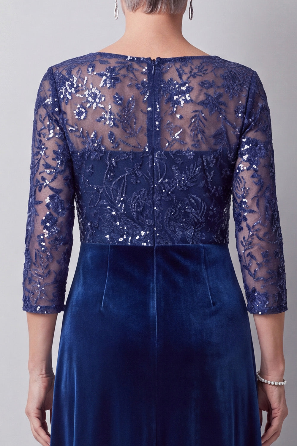 Sparkly Dark Blue A Line Sequin Velvet Floral Long Mother of the Bride Dress with Sleeves