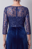Sparkly Dark Blue A Line Sequin Velvet Floral Long Mother of the Bride Dress with Sleeves