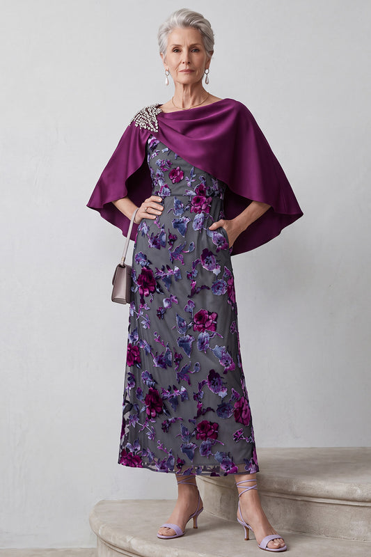 Fuchsia Sheath Floral 2 Piece Beaded Midi Mother of the Bride Dress with Pocket