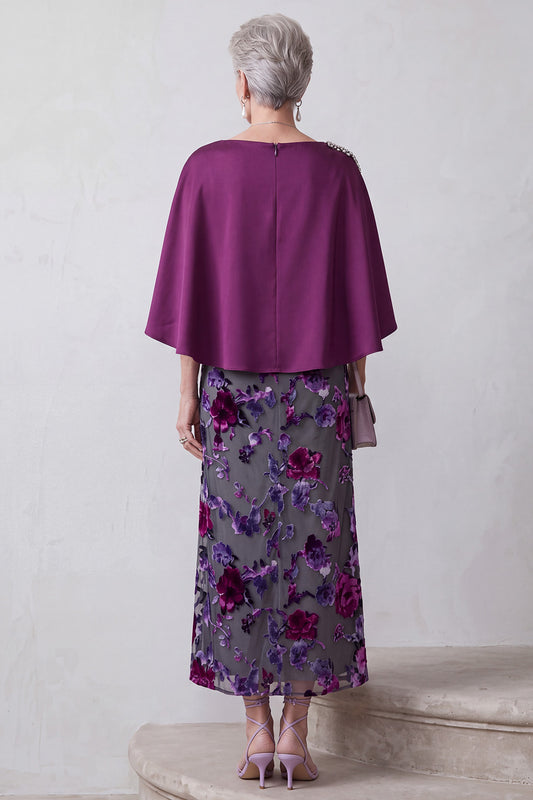 Fuchsia Sheath Floral 2 Piece Beaded Midi Mother of the Bride Dress with Pocket