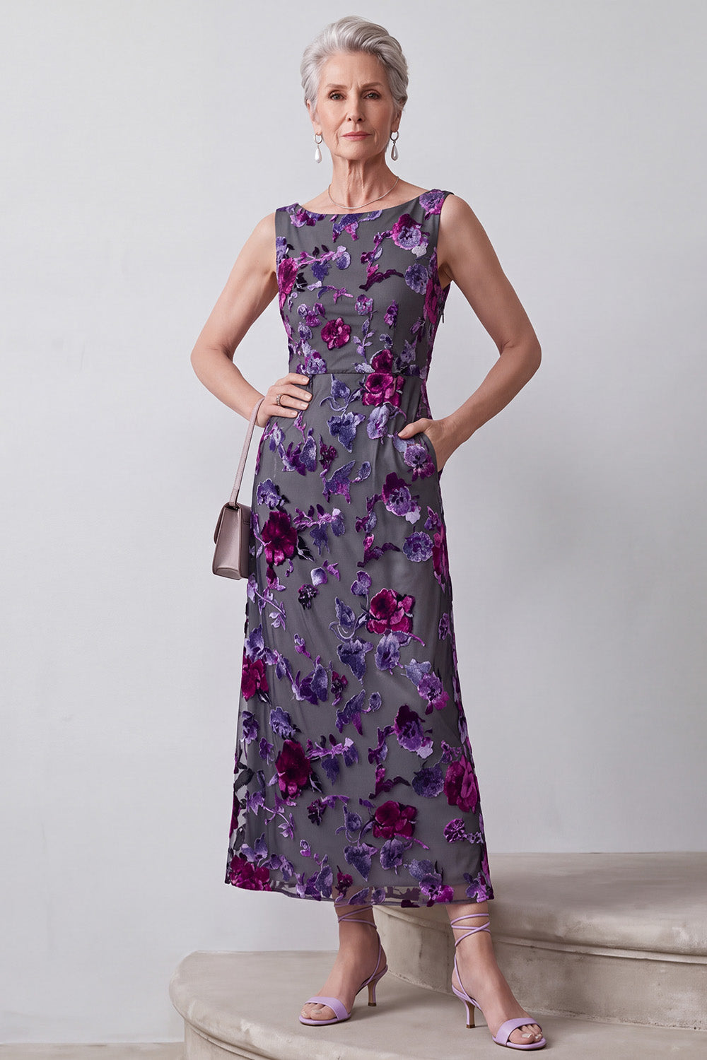 Fuchsia Sheath Floral 2 Piece Beaded Midi Mother of the Bride Dress with Pocket
