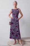 Fuchsia Sheath Floral 2 Piece Beaded Midi Mother of the Bride Dress with Pocket