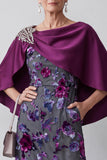 Fuchsia Sheath Floral 2 Piece Beaded Midi Mother of the Bride Dress with Pocket