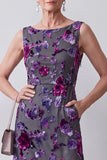 Fuchsia Sheath Floral 2 Piece Beaded Midi Mother of the Bride Dress with Pocket