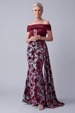 Burgundy Mermaid Ruched Velvet Floral Long Mother of the Bride Dress with Side Cape