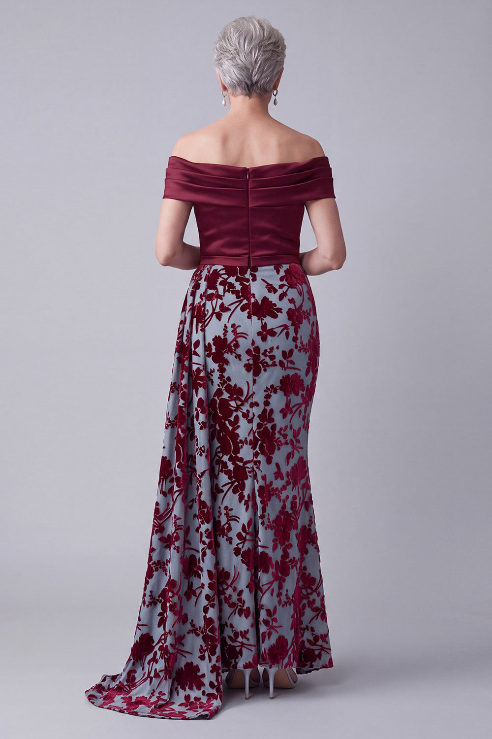 Burgundy Mermaid Ruched Velvet Floral Long Mother of the Bride Dress with Side Cape