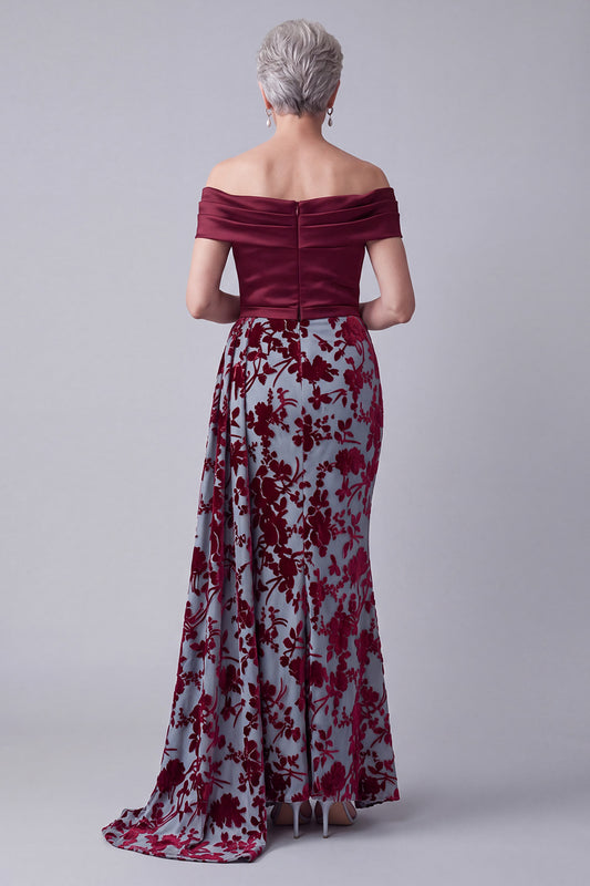 Burgundy Mermaid Ruched Velvet Floral Long Mother of the Bride Dress with Side Cape