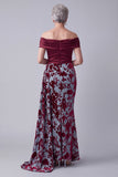 Burgundy Mermaid Ruched Velvet Floral Long Mother of the Bride Dress with Side Cape