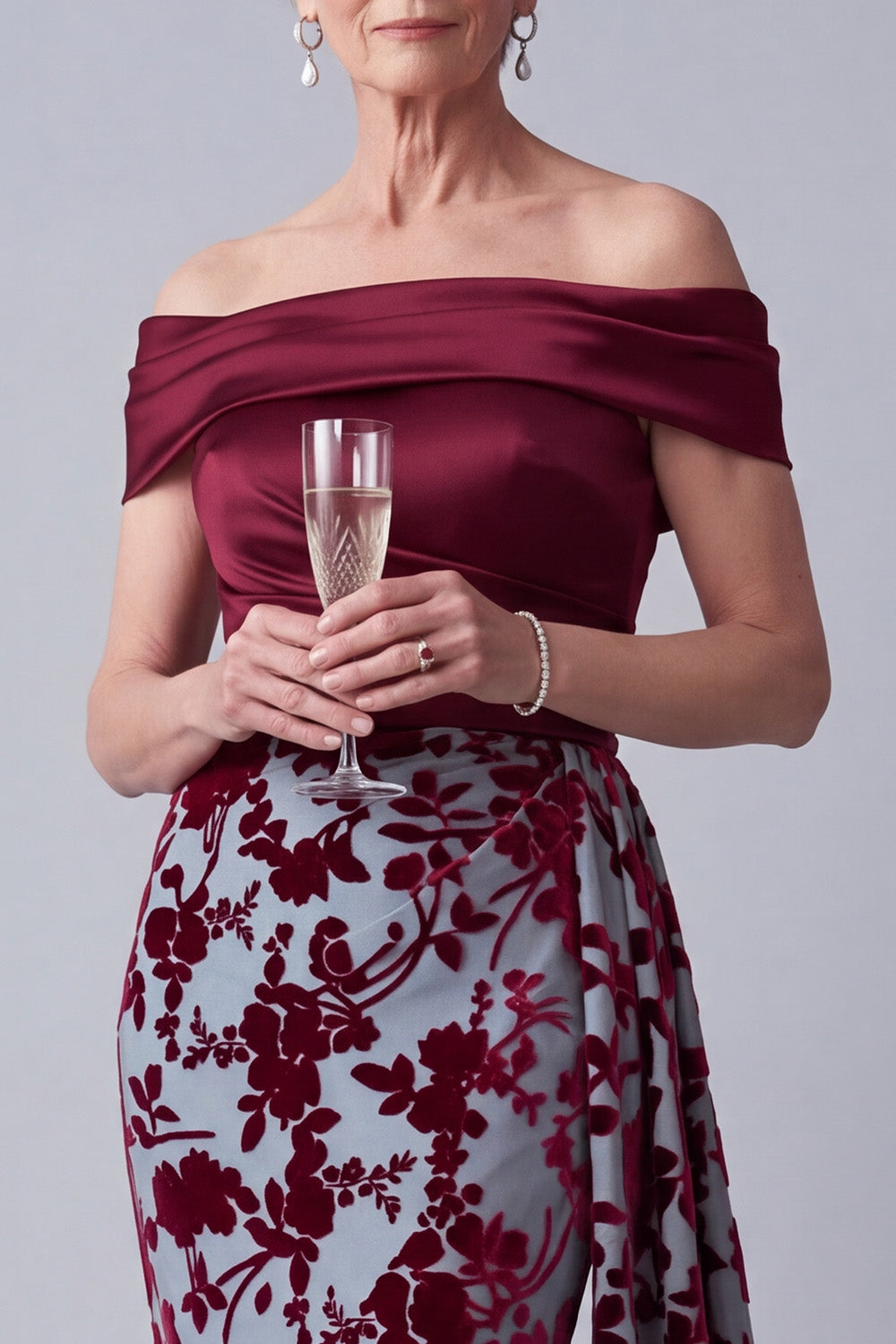 Burgundy Mermaid Ruched Velvet Floral Long Mother of the Bride Dress with Side Cape