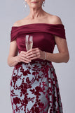 Burgundy Mermaid Ruched Velvet Floral Long Mother of the Bride Dress with Side Cape