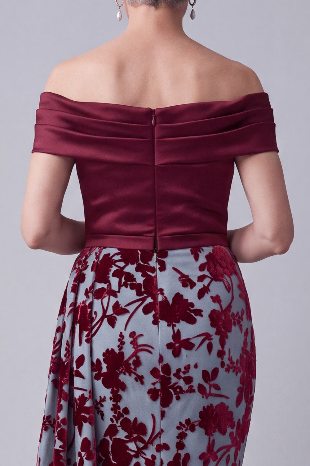 Burgundy Mermaid Ruched Velvet Floral Long Mother of the Bride Dress with Side Cape
