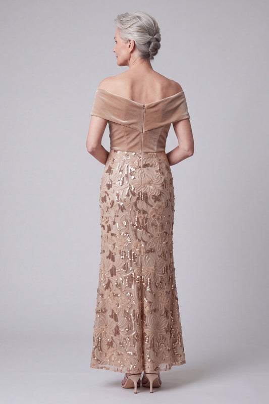 Sparkly Champagne Mermaid Ruched Floral Sequins Long Mother of the Bride Dress