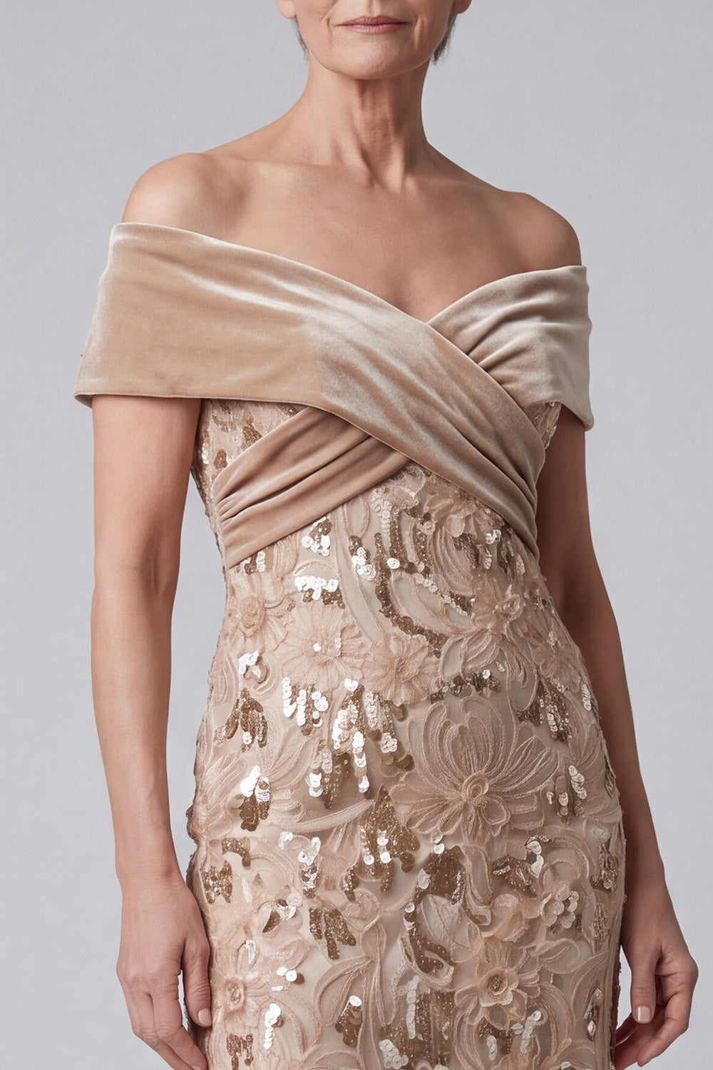 Sparkly Champagne Mermaid Ruched Floral Sequins Long Mother of the Bride Dress