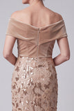 Sparkly Champagne Mermaid Ruched Floral Sequins Long Mother of the Bride Dress