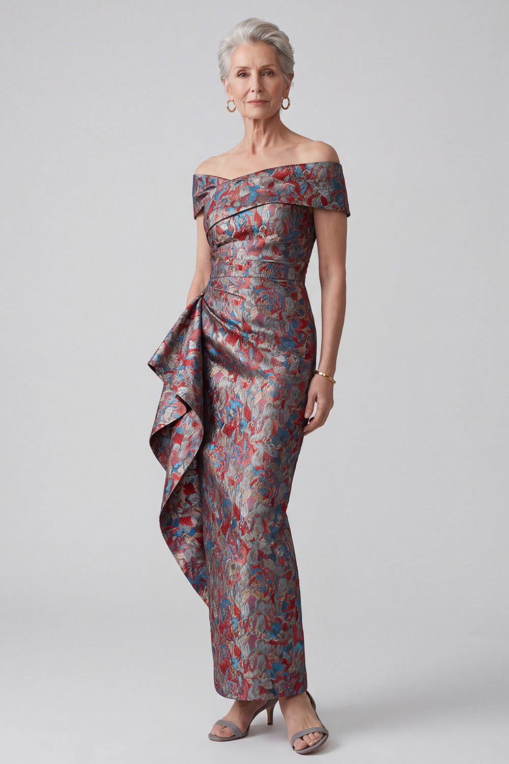 Grey Sheath Ruched Jacquard Ruffled Long Mother of the Bride Dress