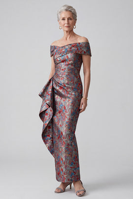 Grey Sheath Ruched Jacquard Ruffled Long Mother of the Bride Dress