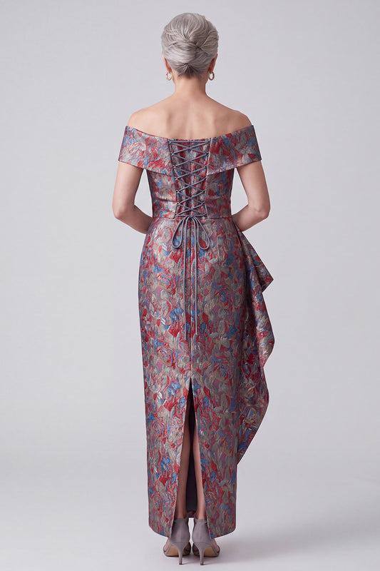 Grey Sheath Ruched Jacquard Ruffled Long Mother of the Bride Dress