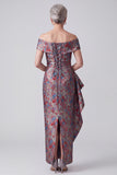 Grey Sheath Ruched Jacquard Ruffled Long Mother of the Bride Dress