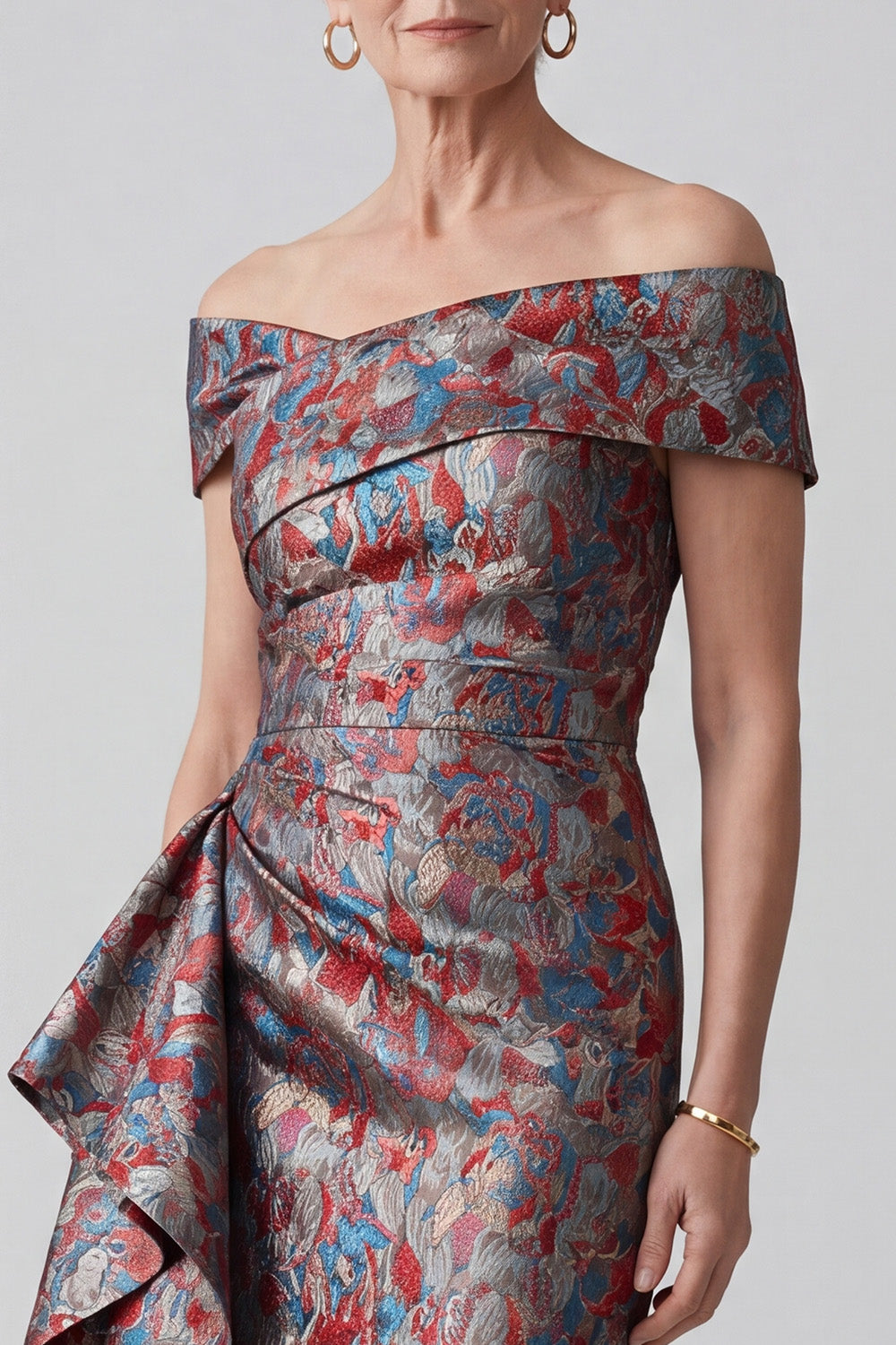 Grey Sheath Ruched Jacquard Ruffled Long Mother of the Bride Dress