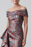 Grey Sheath Ruched Jacquard Ruffled Long Mother of the Bride Dress