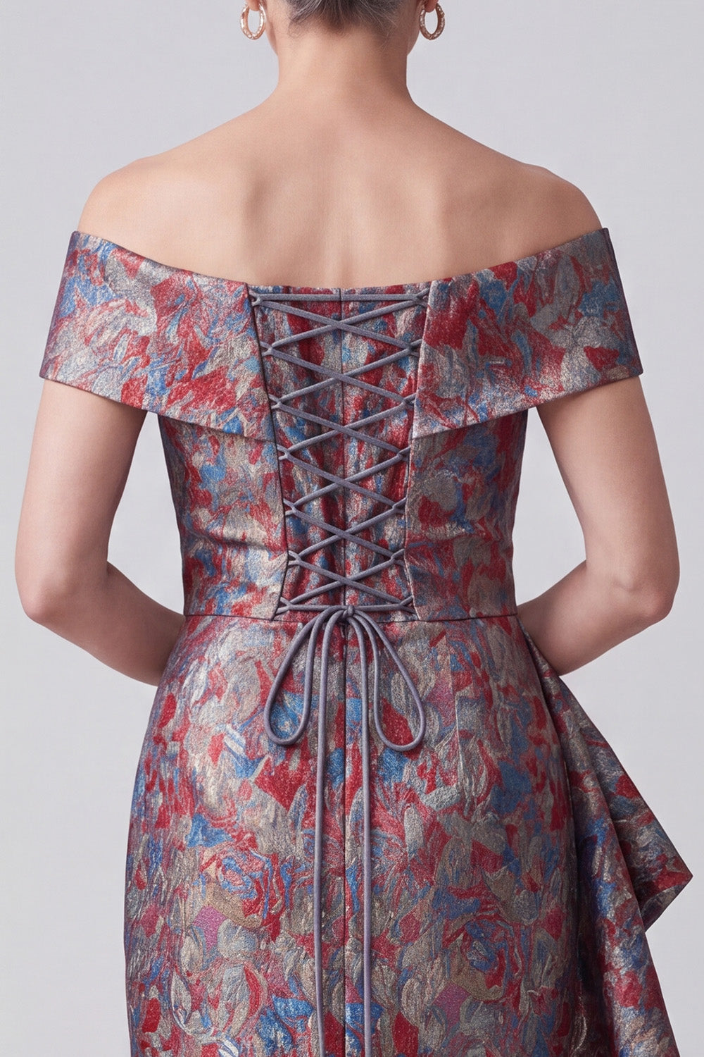 Grey Sheath Ruched Jacquard Ruffled Long Mother of the Bride Dress
