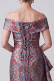 Grey Sheath Ruched Jacquard Ruffled Long Mother of the Bride Dress