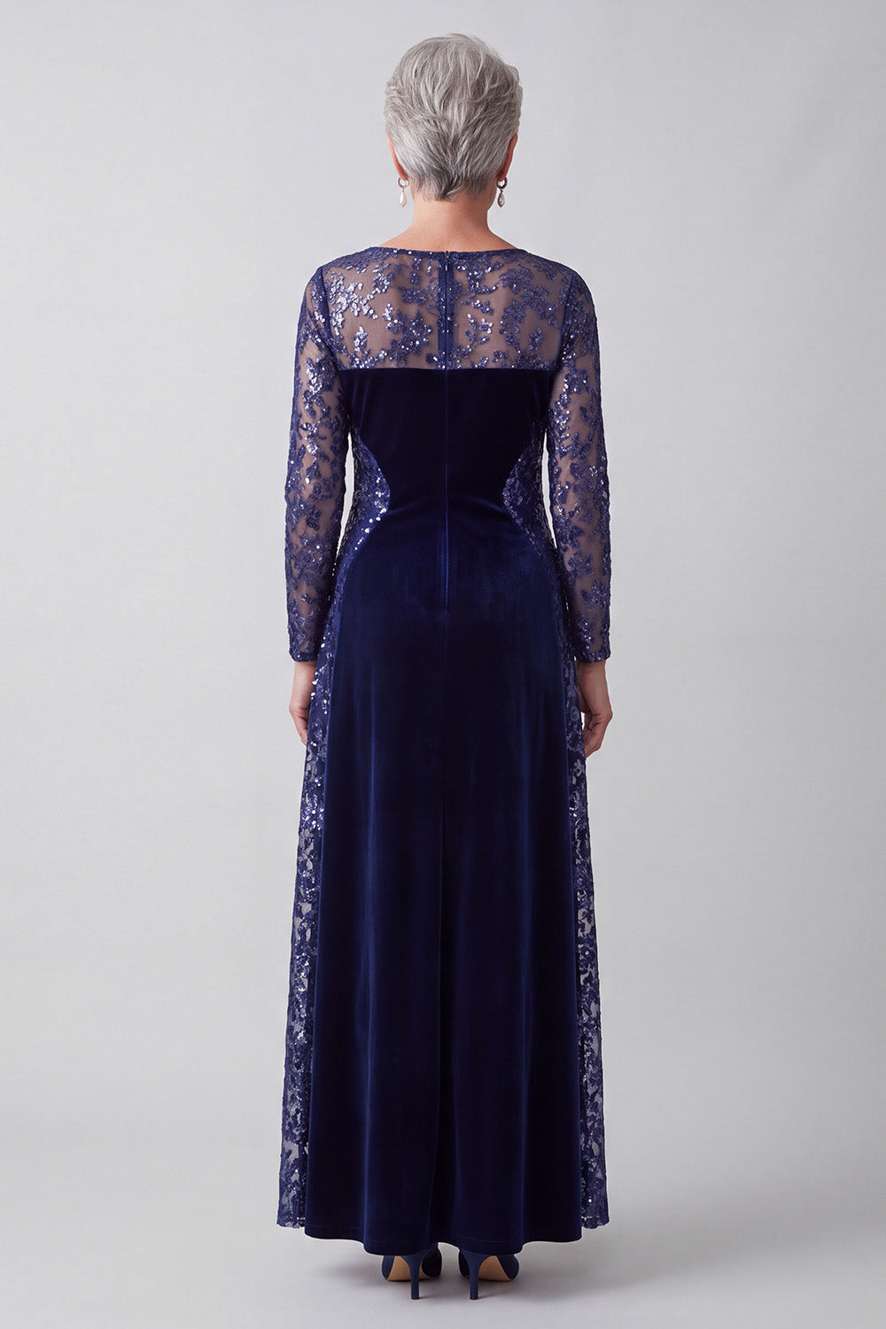 Sparkly Navy Sequin Illusion Boat Neck Floral Velvet Long Sleeves Mother of the Bride Dress