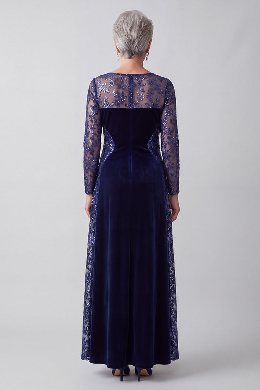 Sparkly Navy Sequin Illusion Boat Neck Floral Velvet Long Sleeves Mother of the Bride Dress