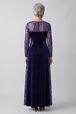 Sparkly Navy Sequin Illusion Boat Neck Floral Velvet Long Sleeves Mother of the Bride Dress