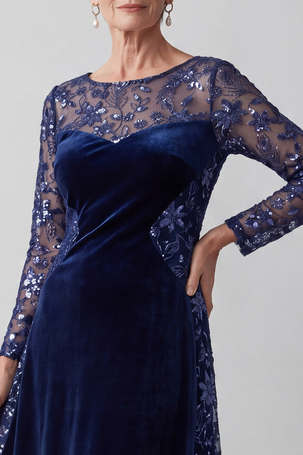 Sparkly Navy Sequin Illusion Boat Neck Floral Velvet Long Sleeves Mother of the Bride Dress