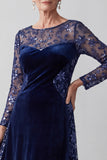 Sparkly Navy Sequin Illusion Boat Neck Floral Velvet Long Sleeves Mother of the Bride Dress