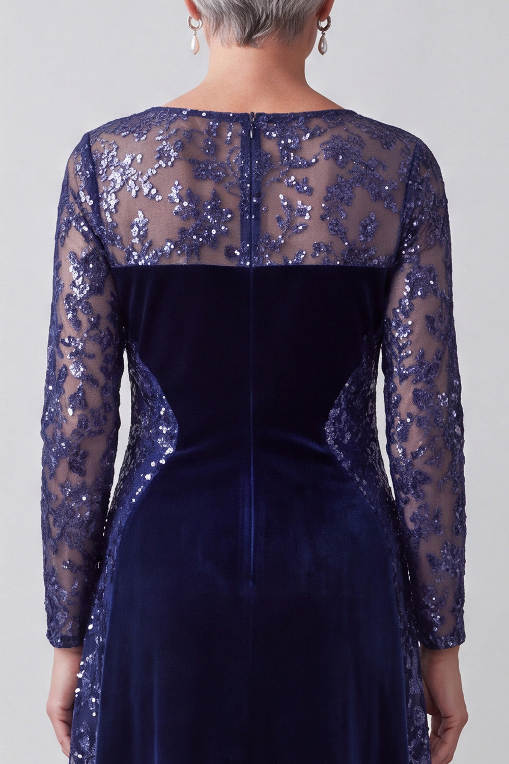 Sparkly Navy Sequin Illusion Boat Neck Floral Velvet Long Sleeves Mother of the Bride Dress